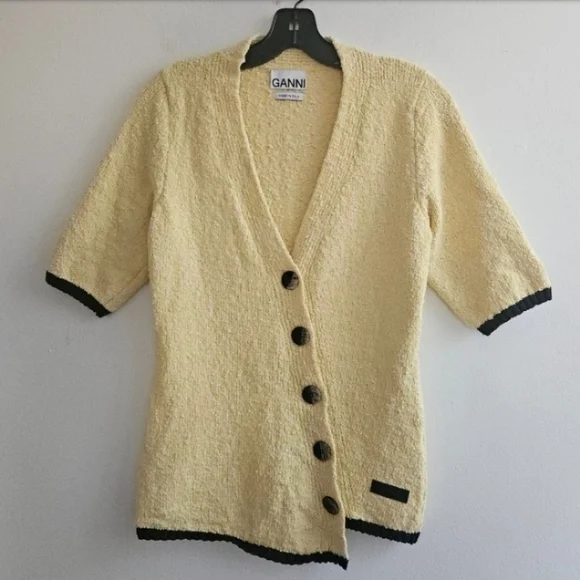 Ganni Soft Yellow Asymmetric Boucle Button-Up Cardigan Sweater Women's Size Med - Picture 4 of 10